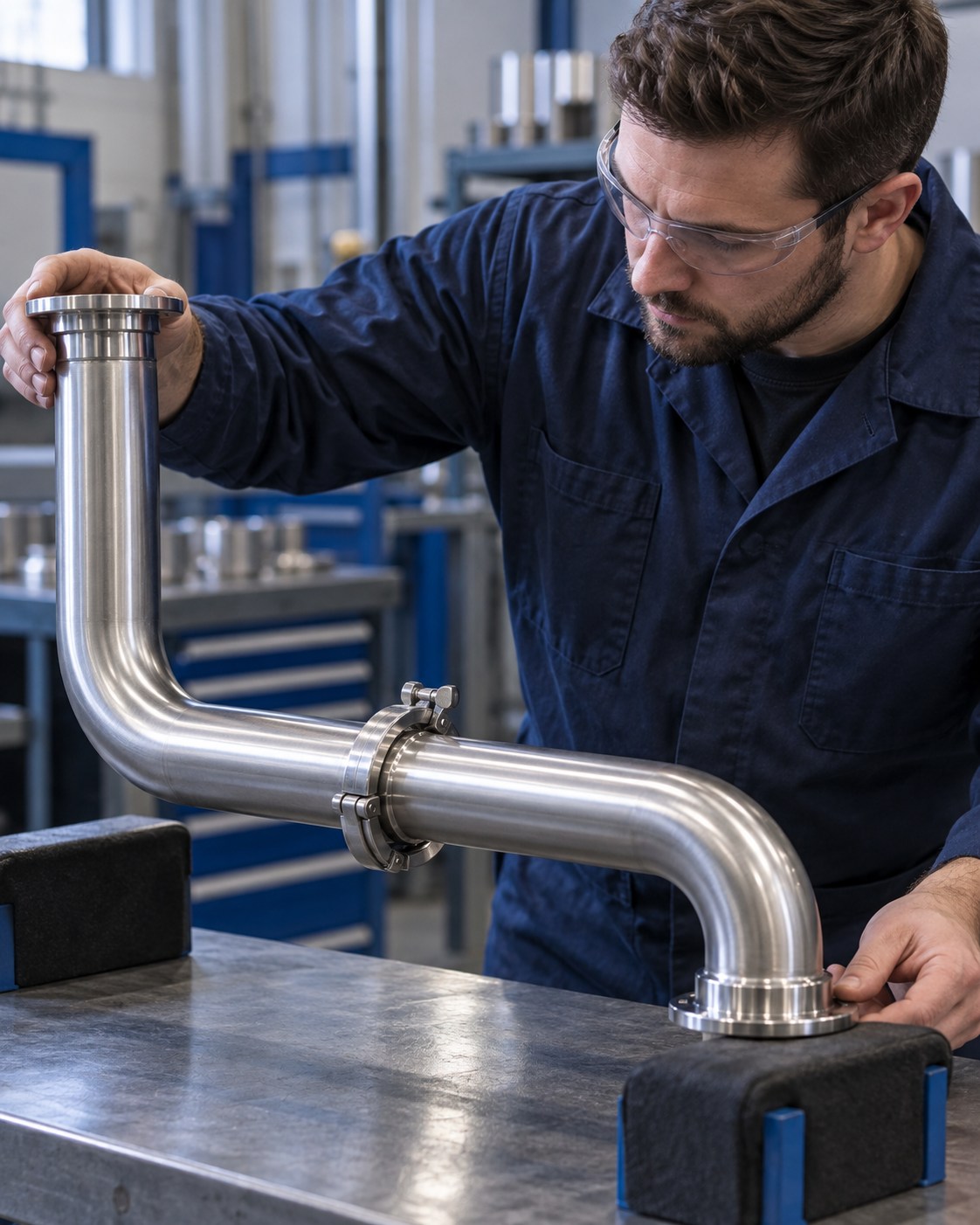 Illustrative technician checking stainless steel spool alignment